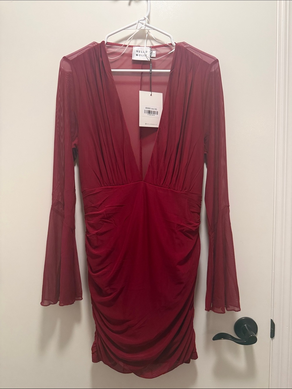 Hello Molly Burgundy Deep V Ruched Long-Sleeve Mini Dress